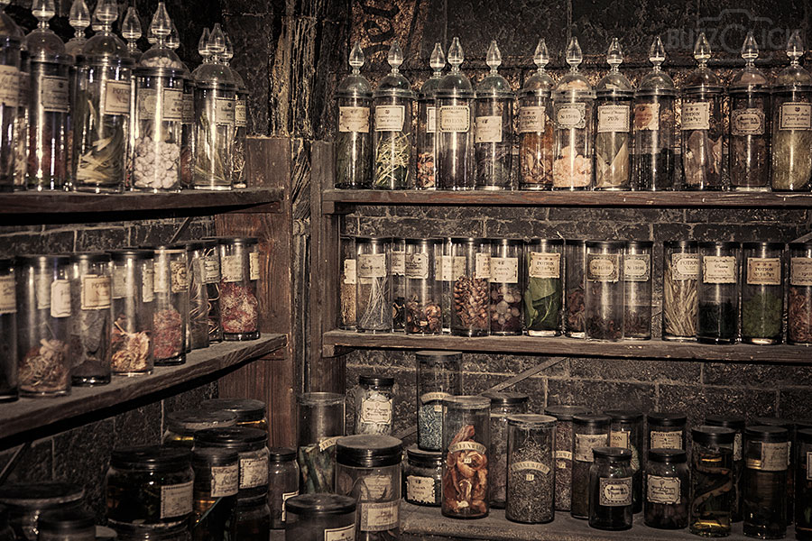 Something close to these potions shelves but perhaps not as dark and dreary as Hogwarts.