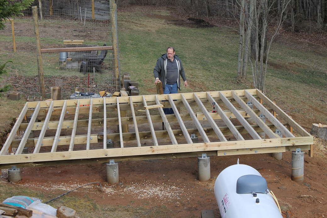 The skids are attached to the piers and the floor joists attached to the skids. Amazing to watch it come together.